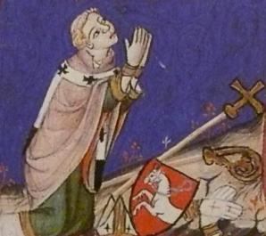 Arnošt z Pardubic adoruje Krista, iniciála A, detail, Graduál Arnošta z Pardubic, 1363