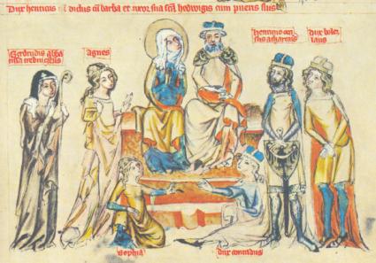 Vévoda Jindřich I. Bradatý se sv. Hedvikou a s dětmi. Malba na pergamenu, Legenda sv. Hedviky, 1353