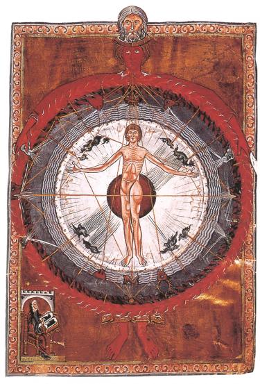 Hildegarda z Bingenu zapisuje svojí kosmickou vizi, miniatura z tzv. Lucca-Codexu "Liber divinorum operum", kolem 1220/30