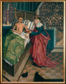 Sv. Anežka ošetřuje nemocného. Křídlo z oltáře křížovnického velmistra Mikuláše Puchnera, 1482.