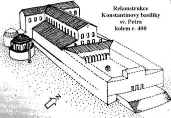 Rekonstrukce Konstantinovy basiliky sv. Petra (kolem r. 400)